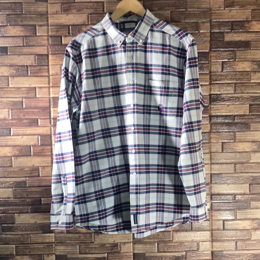 Mens Large EUC Panhandle Slim Rough Stock Blue/Red/White Western Plaid Shirt
